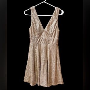 LuLus Gold Glitter Sequin V-Neck Skater Dress